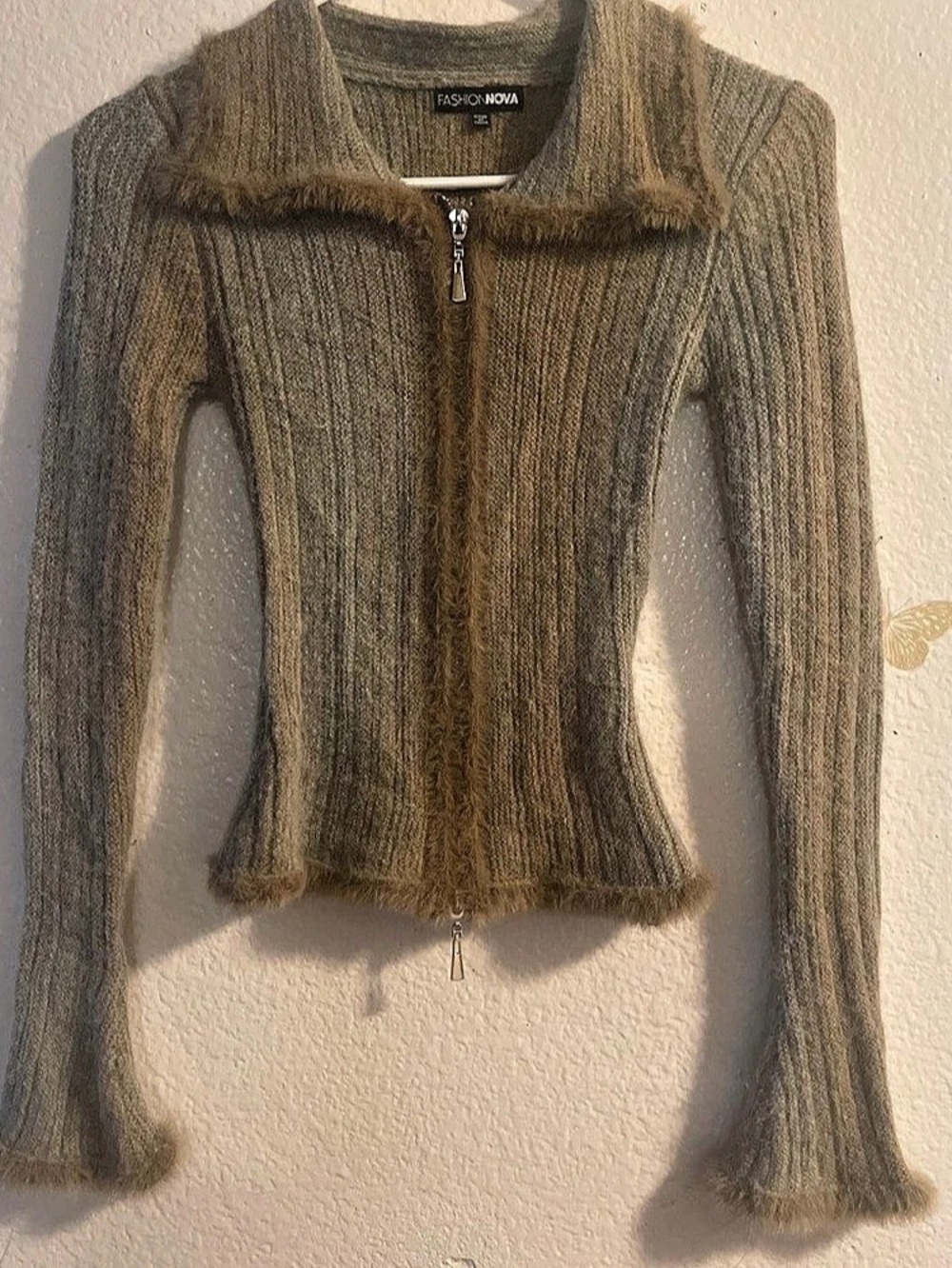 Fashion Nova Ombre Cozy Zip Front Cardigan Brown Fur Trim Size XS